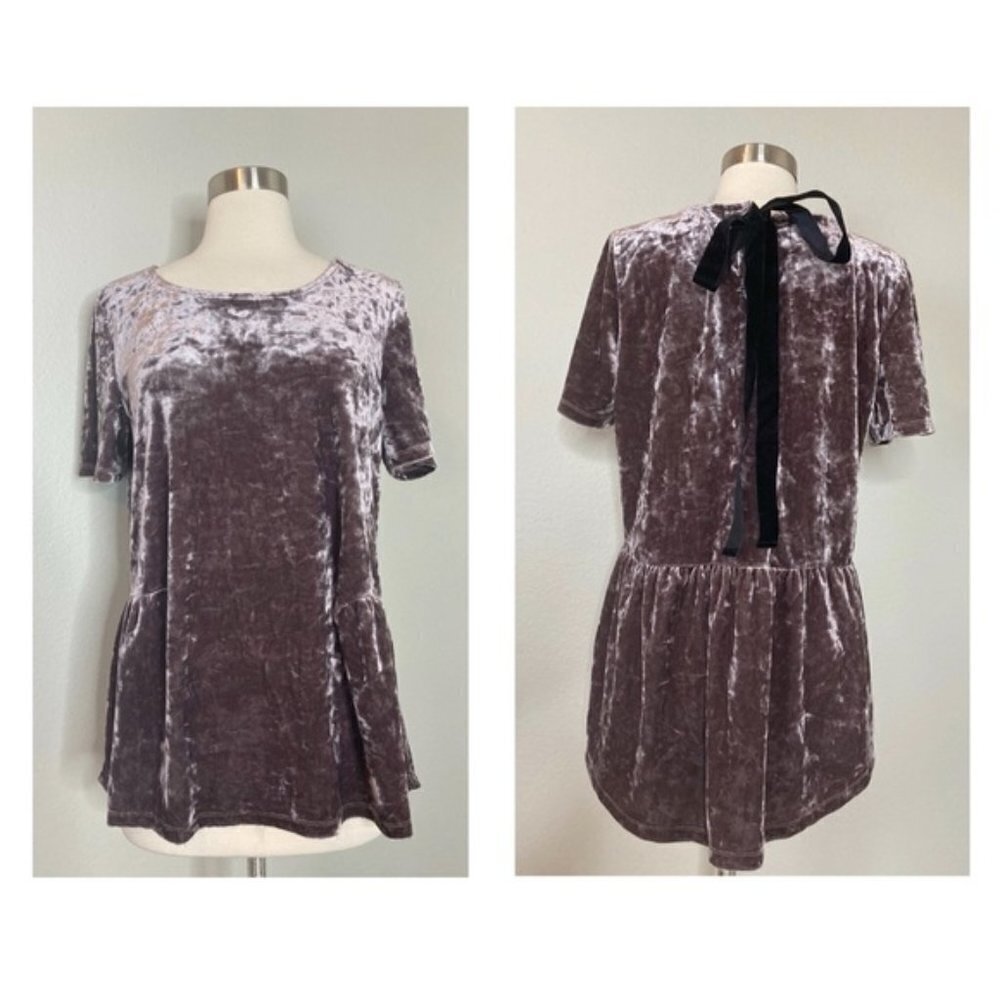 Pleione Light Purple Crushed Velour Peplum Short Sleeve Ribbon Tie Medium